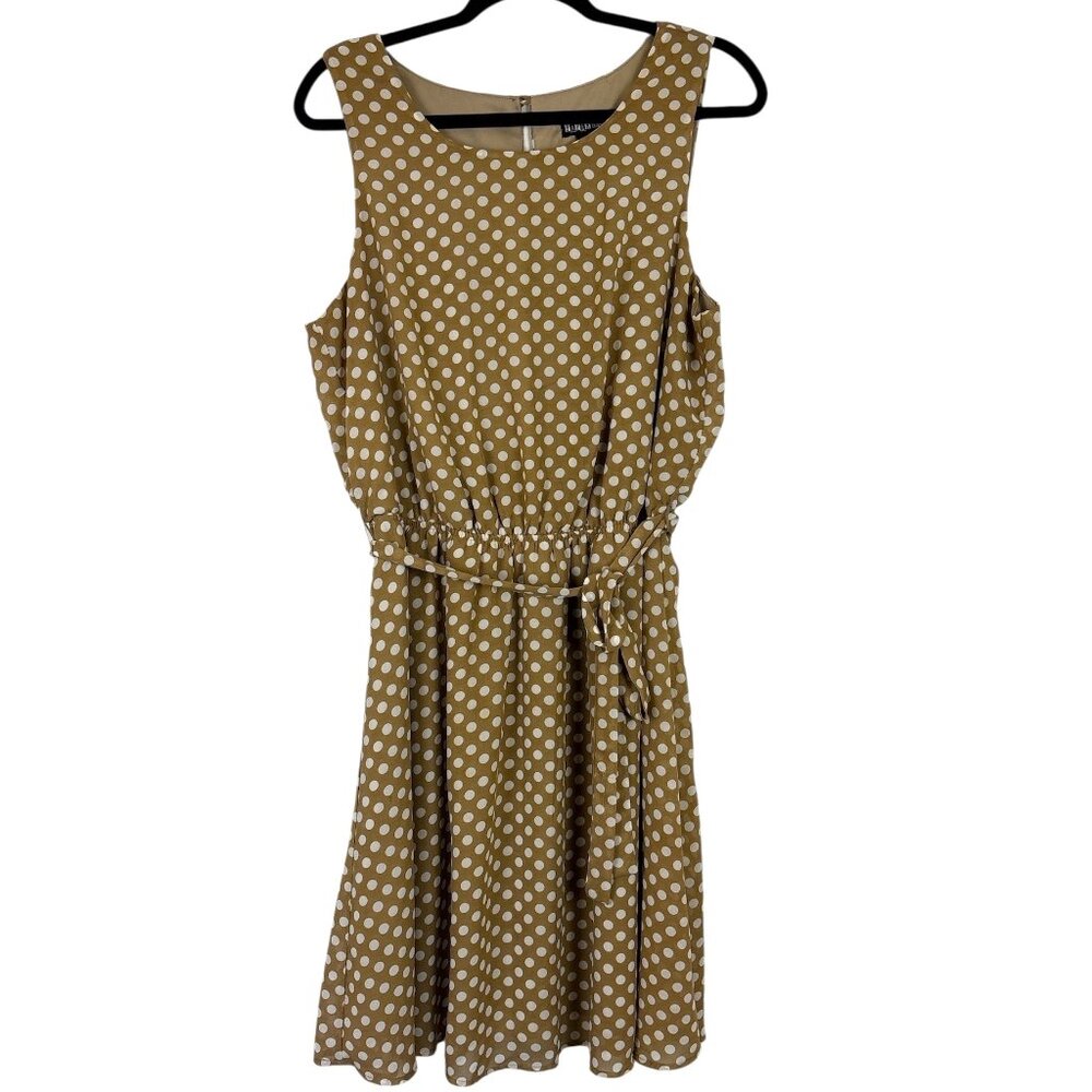 Paper Doll Polka Dot Dress Women’s 1X Tan Cream Sleeveless Garden Party Brunch